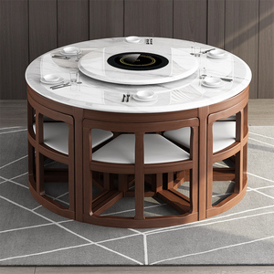 新中式大理石全实木餐桌椅组合家用小户型圆形吃饭桌岩板现代简约