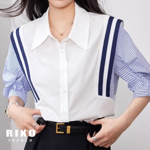 rixo franch蓝条纹袖子拼接白色短袖衬衫女夏季宽松休闲防晒衬衣