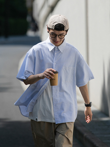 日系复古蓝白条纹工装短袖衬衫男生夏季cityboy宽松休闲衬衣外套