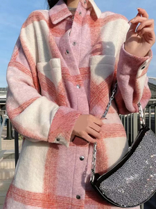 法式小众复古粉紫色格纹拼色宽松廓形排扣羊毛呢外套上衣女气质春