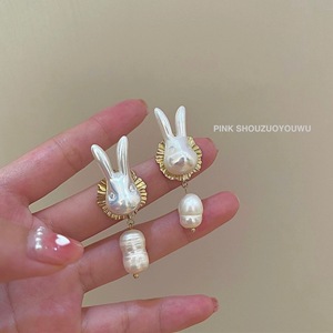 PINK-自制珍珠兔子耳环小众设计新款可爱个性小兔子少女925耳钉