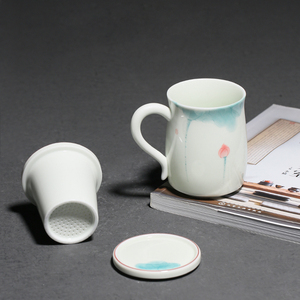 小清新手绘荷花马克杯釉下彩陶瓷带盖过滤办公水杯家用泡茶杯子