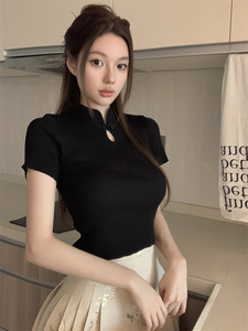 新中式国风立领盘扣短袖冰丝针织衫女夏季辣妹修身短T恤旗袍上衣