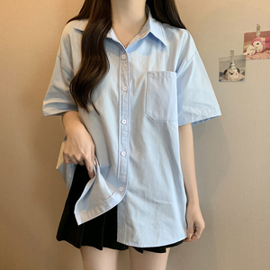 韩版时尚蓝色短袖衬衫2024新款女装夏季设计感小众宽松衬衣上衣服
