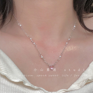 蜜桃气泡 法式少女粉色爱心珍珠项链 简约小众水晶甜美气质锁骨链