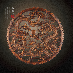 东阳木雕挂件龙福字香樟木雕刻工艺中式仿古装修木质圆形壁饰挂件