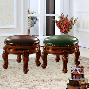 美式小圆凳 欧式实木小皮凳客厅茶几矮凳复古搁脚方凳简约换鞋凳