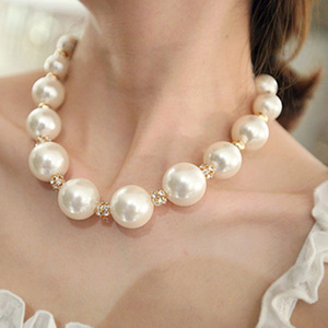 饰品韩版 项链优雅人造珍珠间隔人工水钻球锁骨链短款项链饰品女