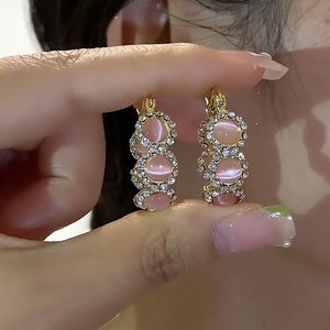 独特气质粉色复古猫眼石圆圈耳扣小众设计感韩式精致百搭温柔耳环