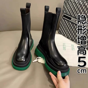 香港真皮马丁靴女2024春秋季新款中筒厚底切尔西靴子英伦风烟筒靴