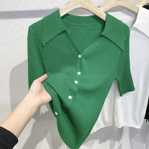 法式高级感绿色Polo衫翻领针织开衫女短袖2022年夏季新款薄款上衣