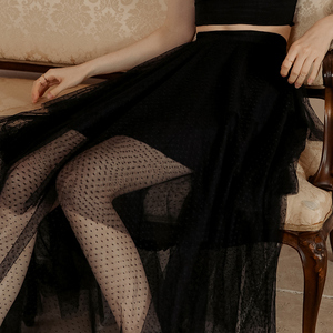 ISISLOVE原创设计 新款气质黑色百褶网纱裙a字不规则半身裙女夏季