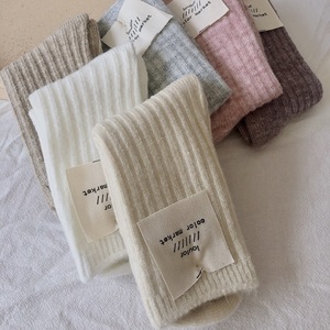 3双竖条羊毛袜子女中筒袜ins潮加厚秋冬日系韩国纯色羊绒堆堆长袜
