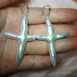 出口欧美订单纯银天然淡水野生超大巴洛克异型十字架珍珠耳环耳钩