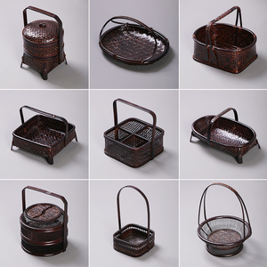 竹编制篮子手提复古大漆双层食盒送餐盒茶道具收纳筐水果茶点托盘
