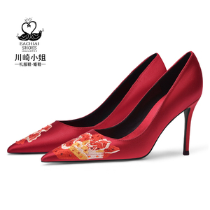中式古风龙凤褂结婚鞋红色秀禾服新娘鞋高级感花朵高跟鞋女不累脚