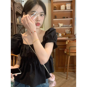 韩系黑色泡泡袖衬衫女夏季2024新款时尚小心机方领气质短袖上衣潮