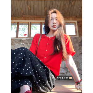 韩系chic红色短袖针织衫女装夏季设计感别致气质宽松短款开衫上衣
