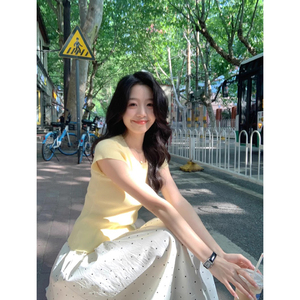 时尚套装女韩系chic黄色短袖针织上衣波点半身裙高腰A字裙两件套