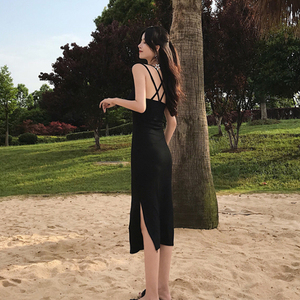 莫代尔大码黑色性感吊带连衣裙女夏季法式复古长款外穿内搭打底裙