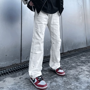 欧美高街铆钉白色直筒牛仔裤男女潮牌朋克复古小众设计坠感工装裤