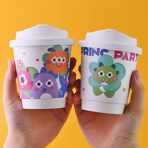可爱创意一次性咖啡纸杯子奶茶热饮外卖打包杯带盖商用定制logo