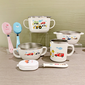 韩国原装进口 卡通汽车图案304不锈钢碗叉勺水杯儿童宝宝餐具