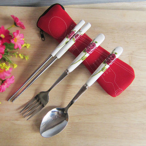 袋装青花瓷筷子勺子叉子陶瓷不锈钢组合圆筷骨瓷筷便携方便餐具