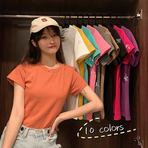 夏季新款短袖t恤女装女装韩版学生宽松短袖纯色百搭上衣一件代发
