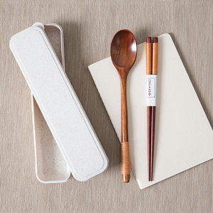 木质筷子勺子三件套家用便携式外带随身旅行用长柄汤勺餐具盒套装