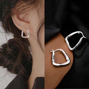 韩版S925银针几何耳环女复古气质ins创意方形耳圈耳扣小巧耳饰潮