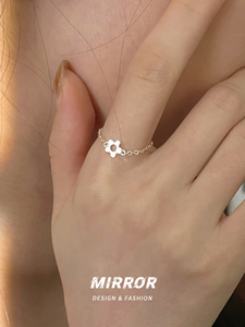925纯银花朵可抽拉调节戒指女链条指环尾戒食指配饰小众感