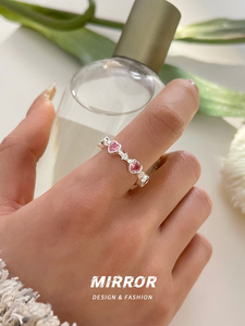 925纯银粉色爱心闪钻戒指女指环小众设计ins风甜美可爱时尚