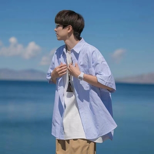 蓝色条纹短袖衬衫男夏季日系潮牌休闲男生加肥加大码衬衣外套男款