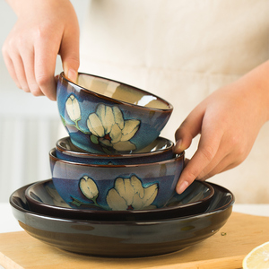 彩绘陶瓷碗饭碗家用中式加厚防烫面碗汤碗餐盘釉下彩碗盘组合餐具