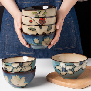 陶瓷碗家用手绘可爱饭碗日式复古创意个性简约单个面碗微波炉餐具