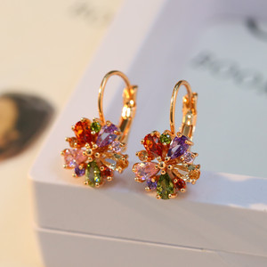 彩色耳环18K金锆石轻奢镀金玫瑰金水晶花朵高级感宝石耳饰气质