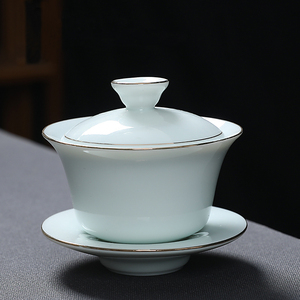 羊脂玉瓷盖碗手工描金三才碗陶瓷敬茶杯大容量泡茶碗功夫茶具套装