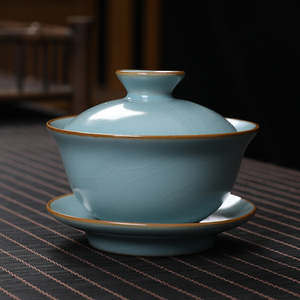 天青汝窑盖碗茶杯单个高档三才碗功夫茶具冰裂中式大号泡茶碗家用