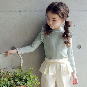 韩国南大门童装女孩洋气菲边蕾丝袖纯棉打底衫长袖打底衣FLO