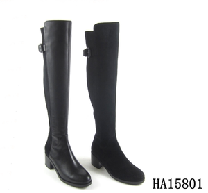 HA15801哈森专柜正品2022冬款粗跟真皮弹力靴中跟皮带扣过膝女靴
