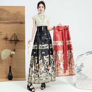 品牌折扣外贸原单女装新中式国风马面一片式长裙汉服百褶半身裙子