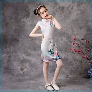 女童旗袍夏薄款中国风小女孩真丝走秀丝绸新款改良童装连衣裙碎花