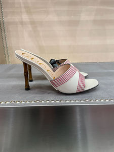 Gucci古驰5折代购女士Cecyl白色全皮缝线竹节高跟凉鞋拖鞋