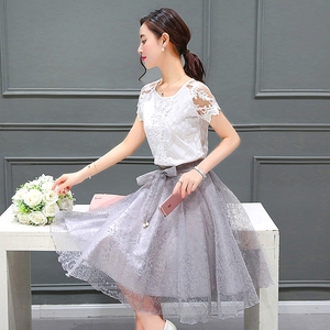 2017夏季新韩版短袖雪妨蕾丝连衣裙套装中长款欧根纱蓬蓬裙两件套