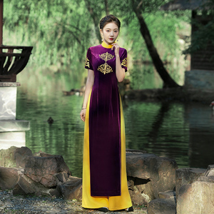 越南奥黛改良走秀旗袍2024年新款金丝绒演出服中国风套装裤两件套