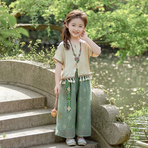 韩版汉服女童2024新款春夏绿色古风服装国风儿童套装中式古装两件
