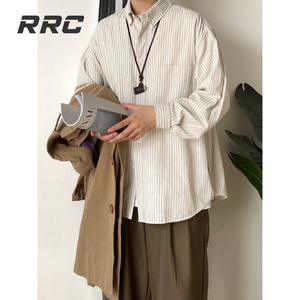 RRC秋日系复古浅色条纹长袖衬衫男女生学院风宽松衬衣外套