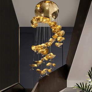 美式复古楼梯灯饰豪宅别墅餐厅创意客厅轻奢艺术吊灯全铜荷叶灯具