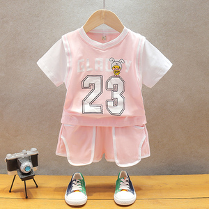 女宝宝运动套装女孩篮球服纯棉小童短袖T恤短裤01-23岁儿童夏装薄